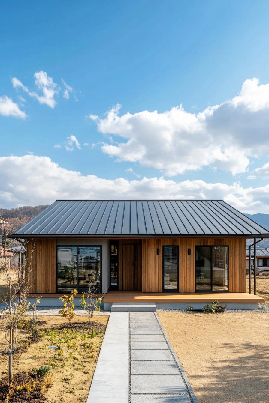 Modern ranch home with metal roof and wooden facade