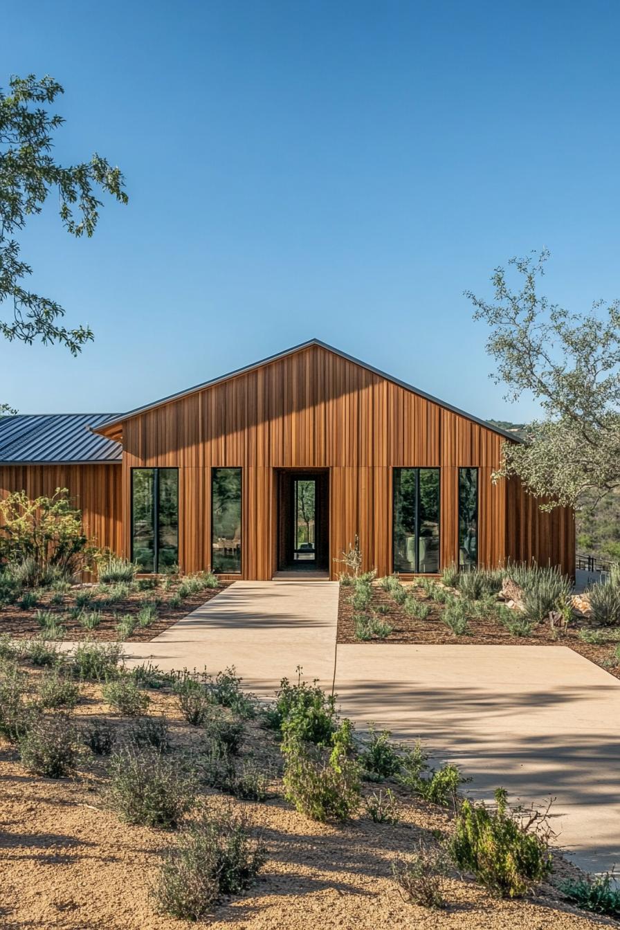 Wooden ranch-style house with a clean pathway and shrubbery