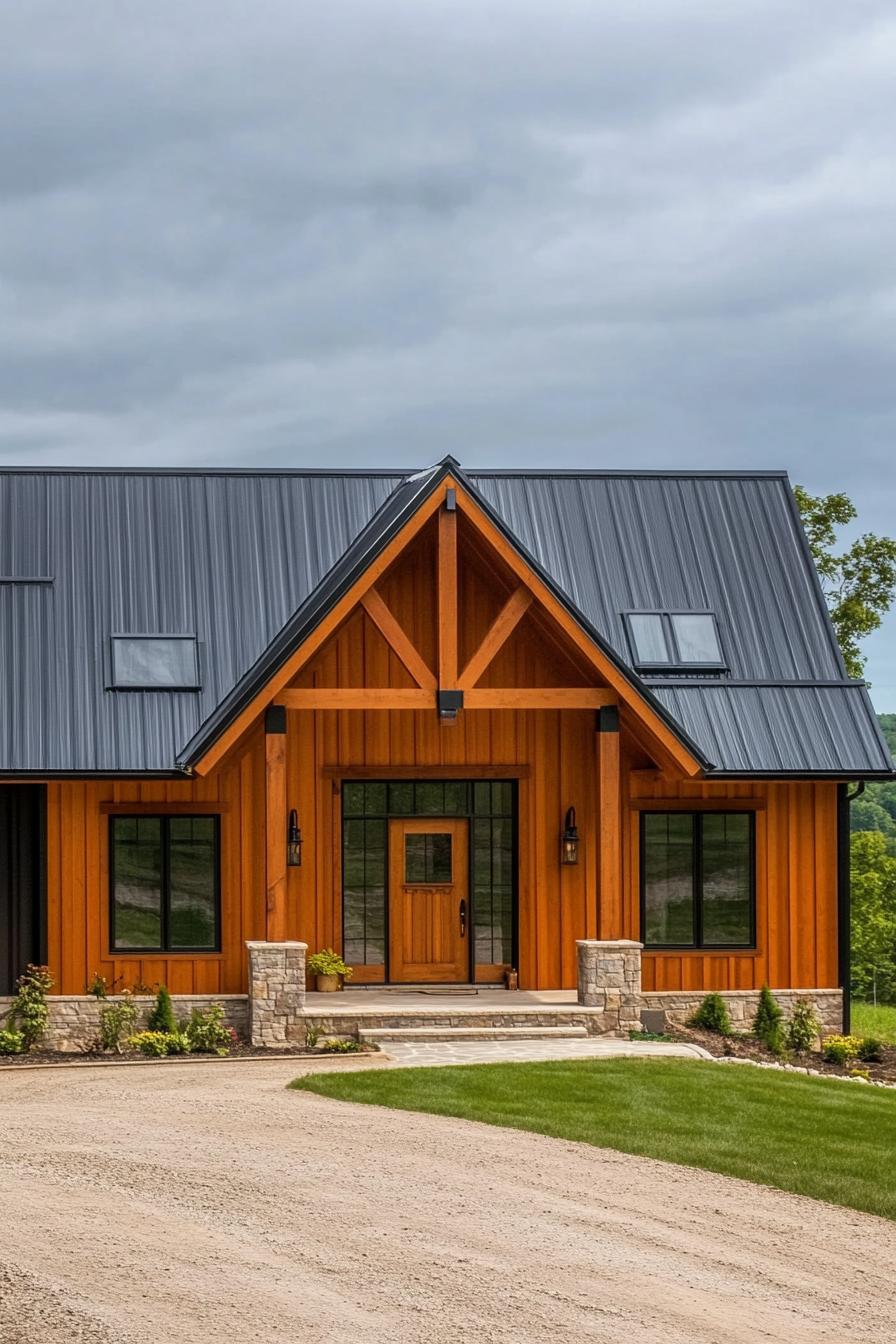 Front view of a charming ranch house with wooden features and metal roof