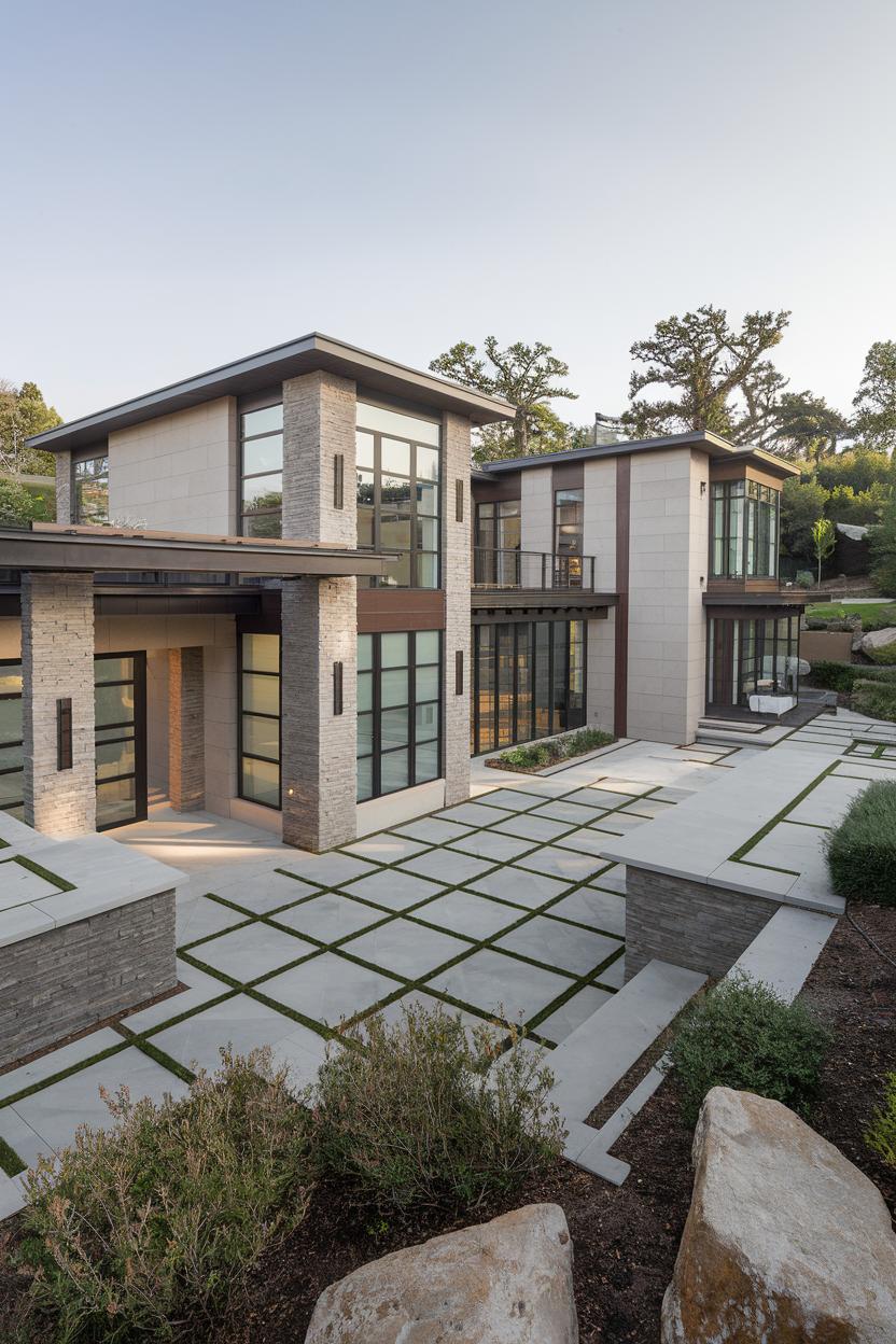 Modern house with large windows and stone facade