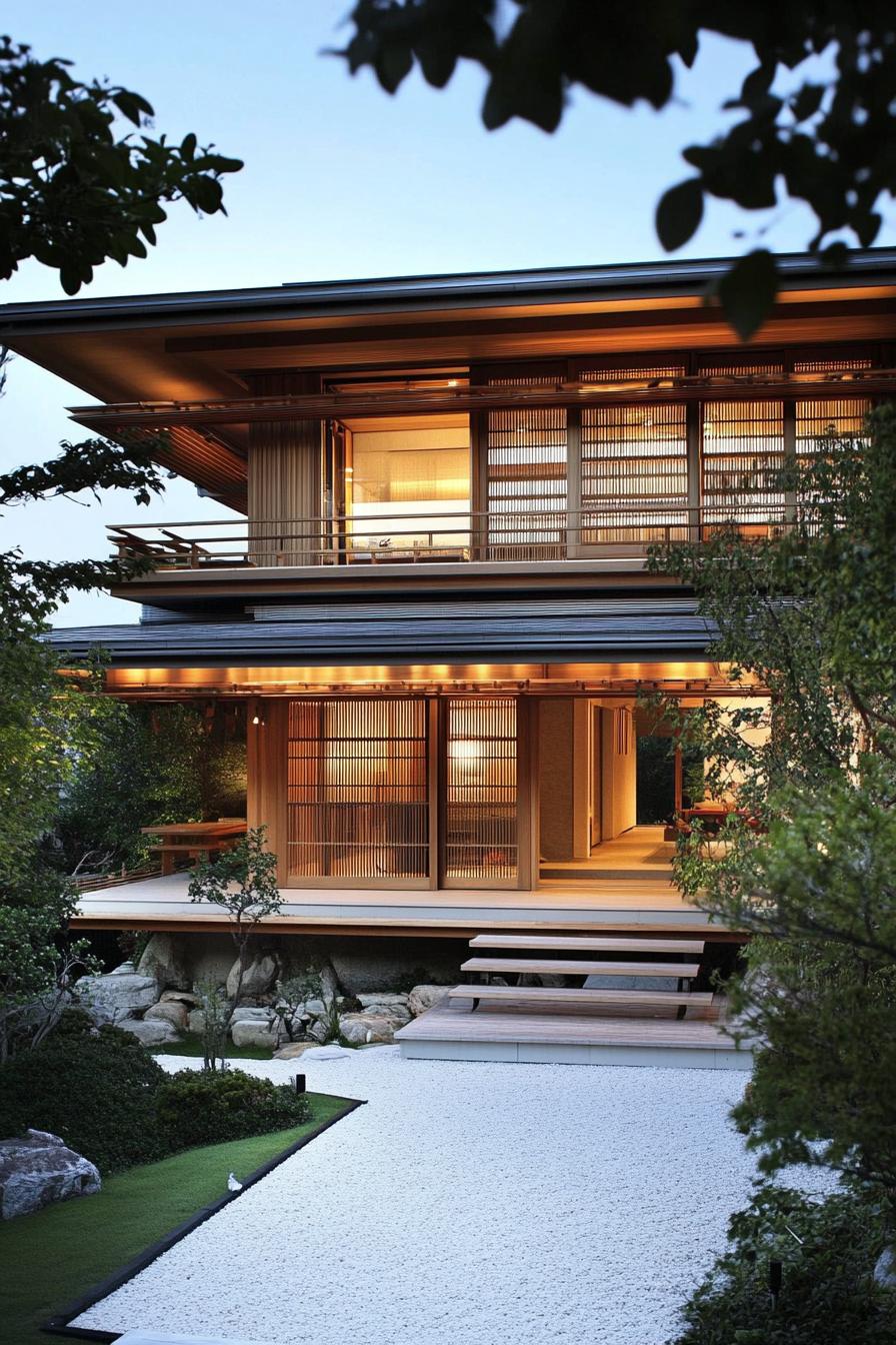 Modern Japanese house with wooden features and large windows surrounded by greenery