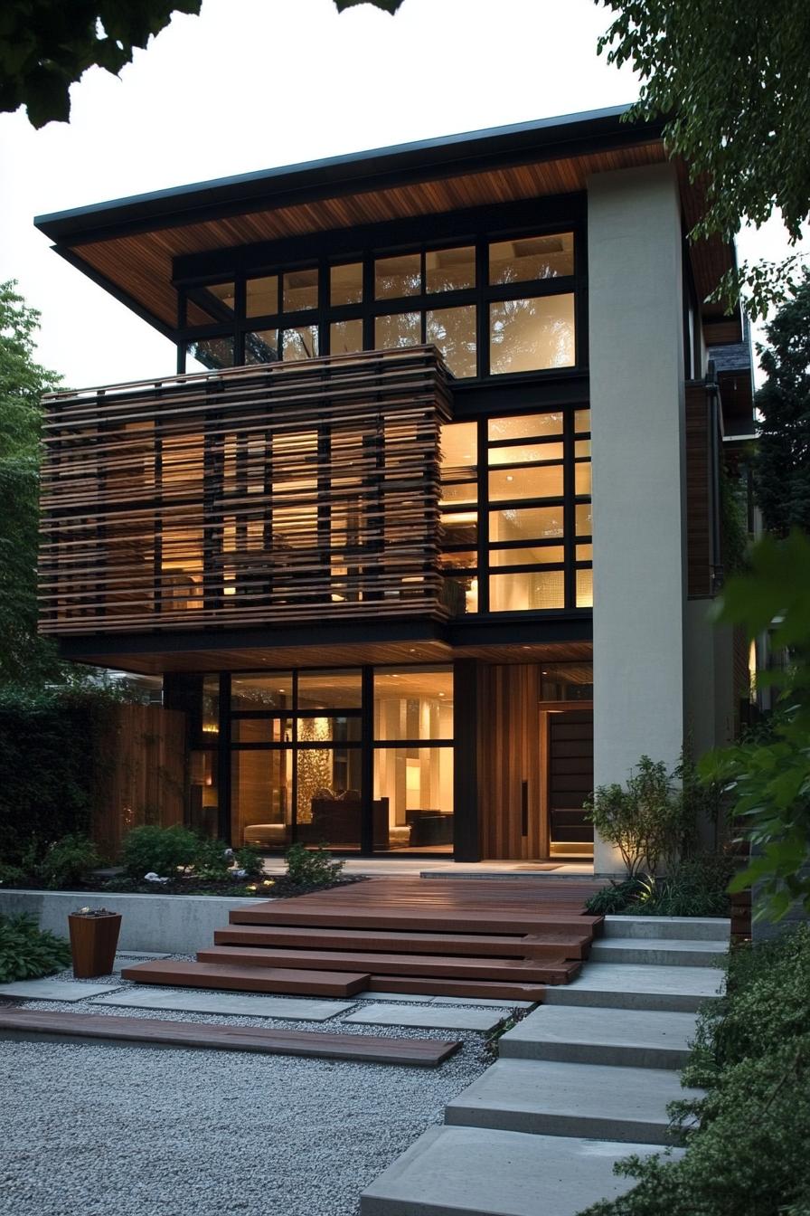 Modern minimalist house with wooden facade and large windows