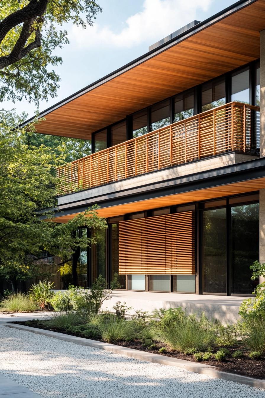 Modern minimalist house with wooden accents surrounded by trees