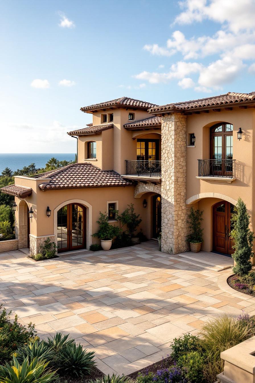 Tuscan villa with stone facade, terracotta roof, and lush courtyard