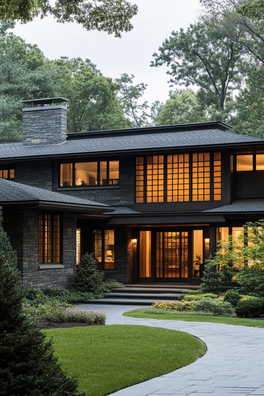 Modern craftsman house with stone exterior and warm lighting