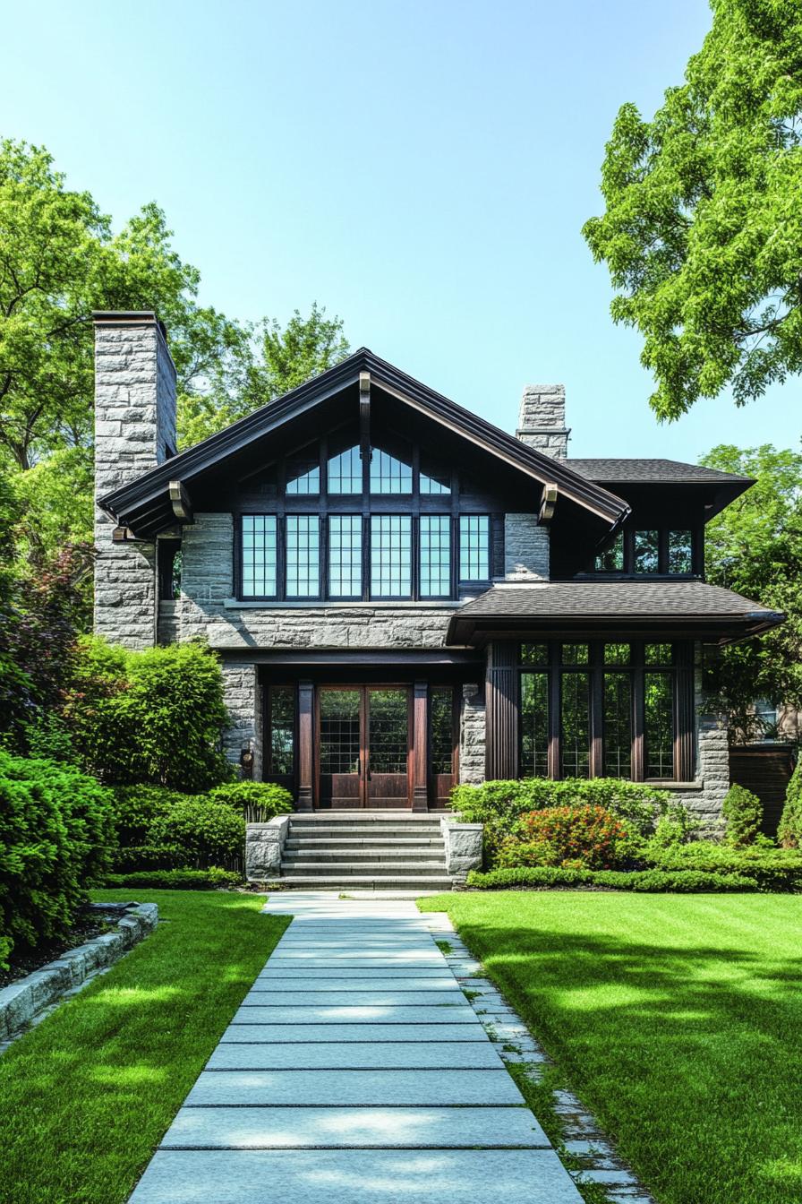 Modern craftsman house with stone facade and lush greenery