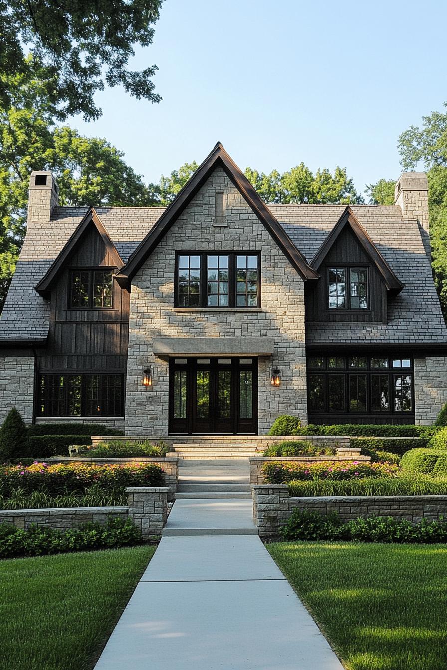 Charming craftsman house with stone exterior and lush greenery