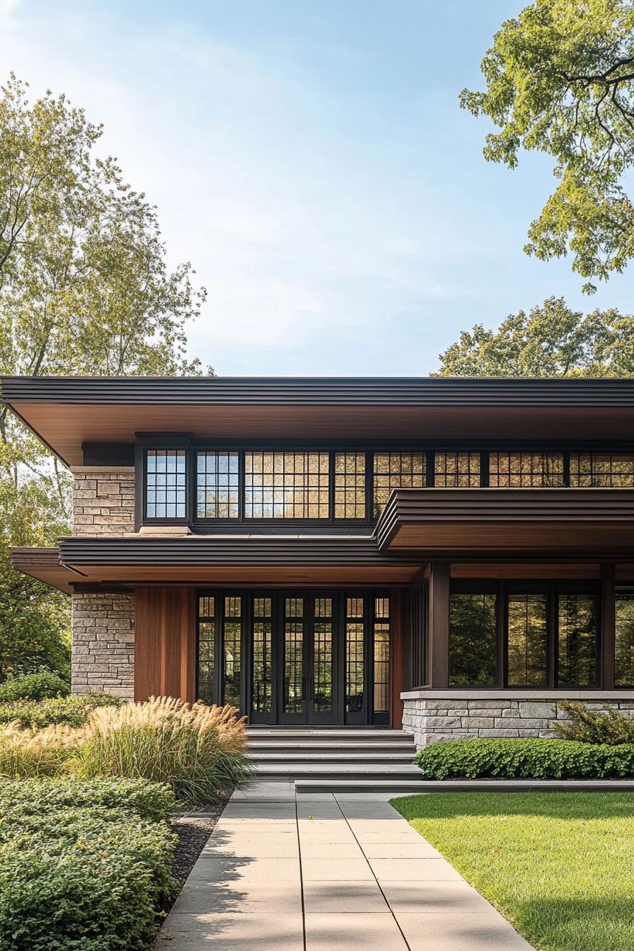 Front view of a modern craftsman house with lush greenery