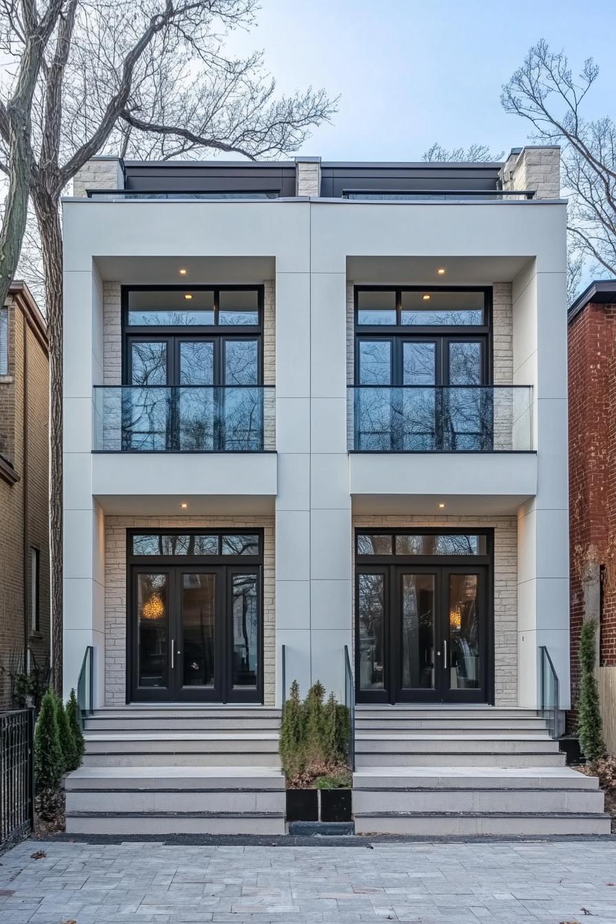 Modern duplex with symmetrical design and large glass doors