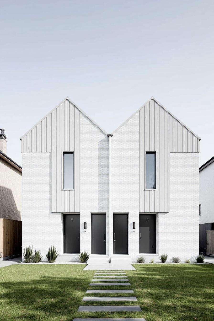 Modern duplex with matching gable roofs and white brick façade