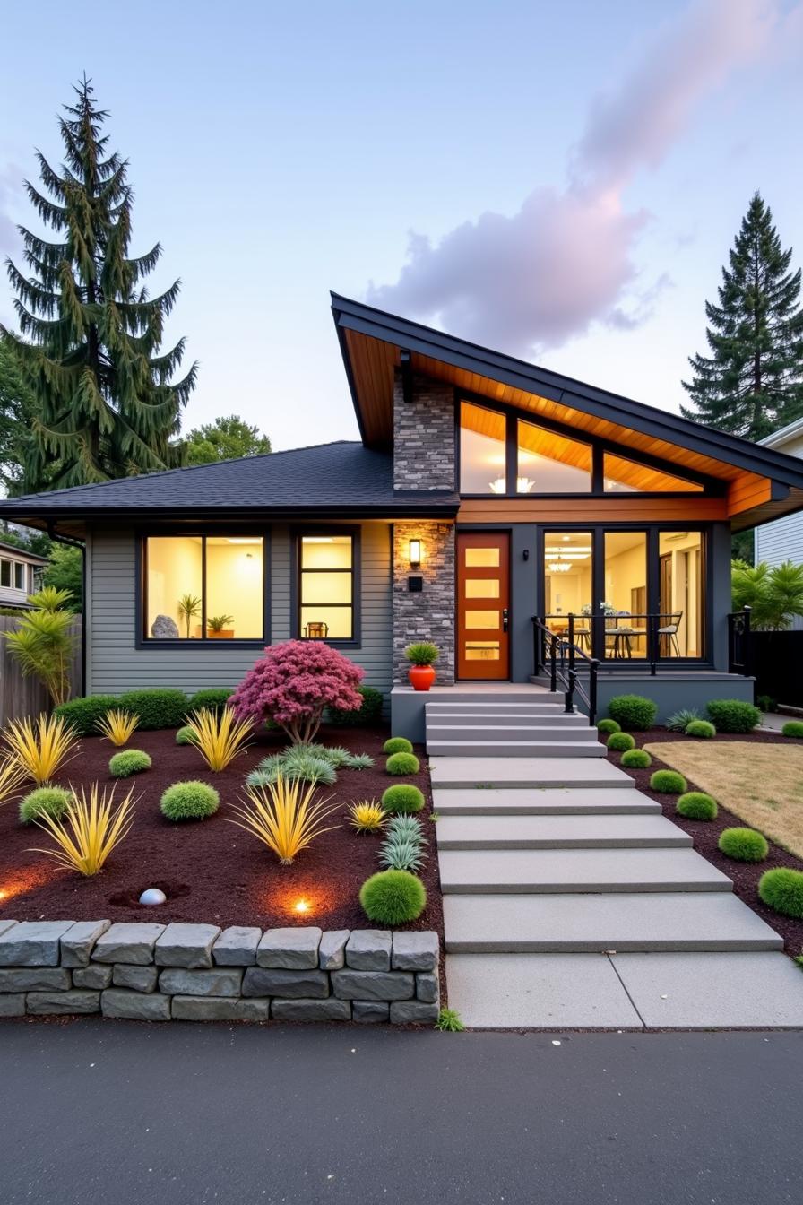 Modern ranch house with illuminated windows and a lush garden