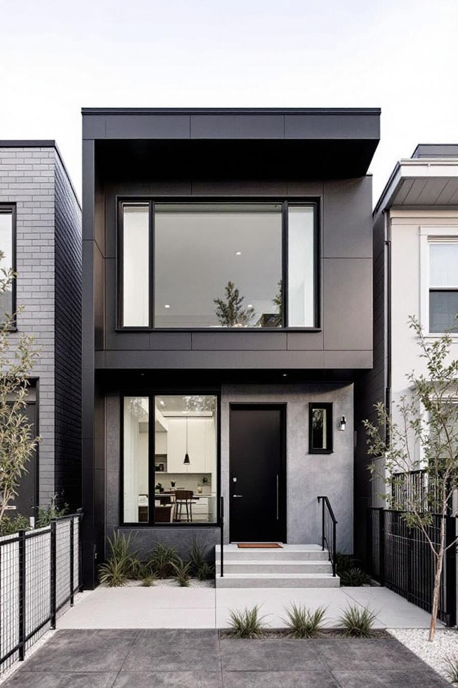 Contemporary townhome exterior with large windows and minimal landscaping