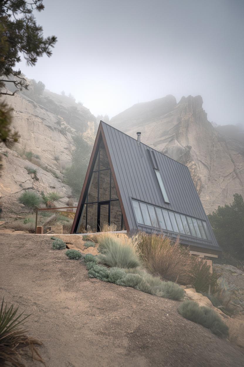 A-Frame house nestled in rocky terrain