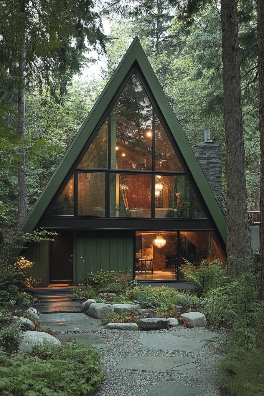 Green A-frame house surrounded by lush trees