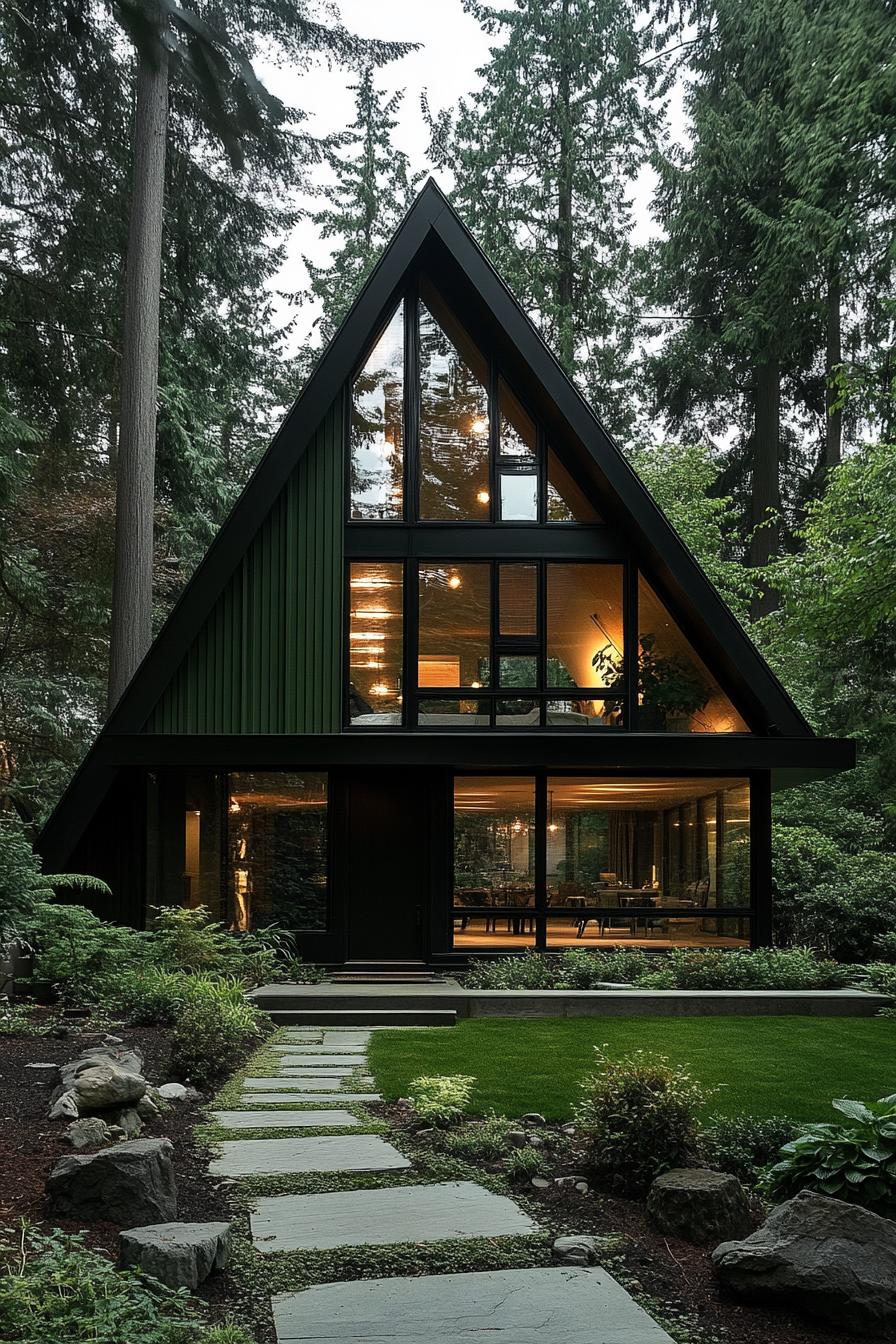 A-frame house nestled in a lush forest setting