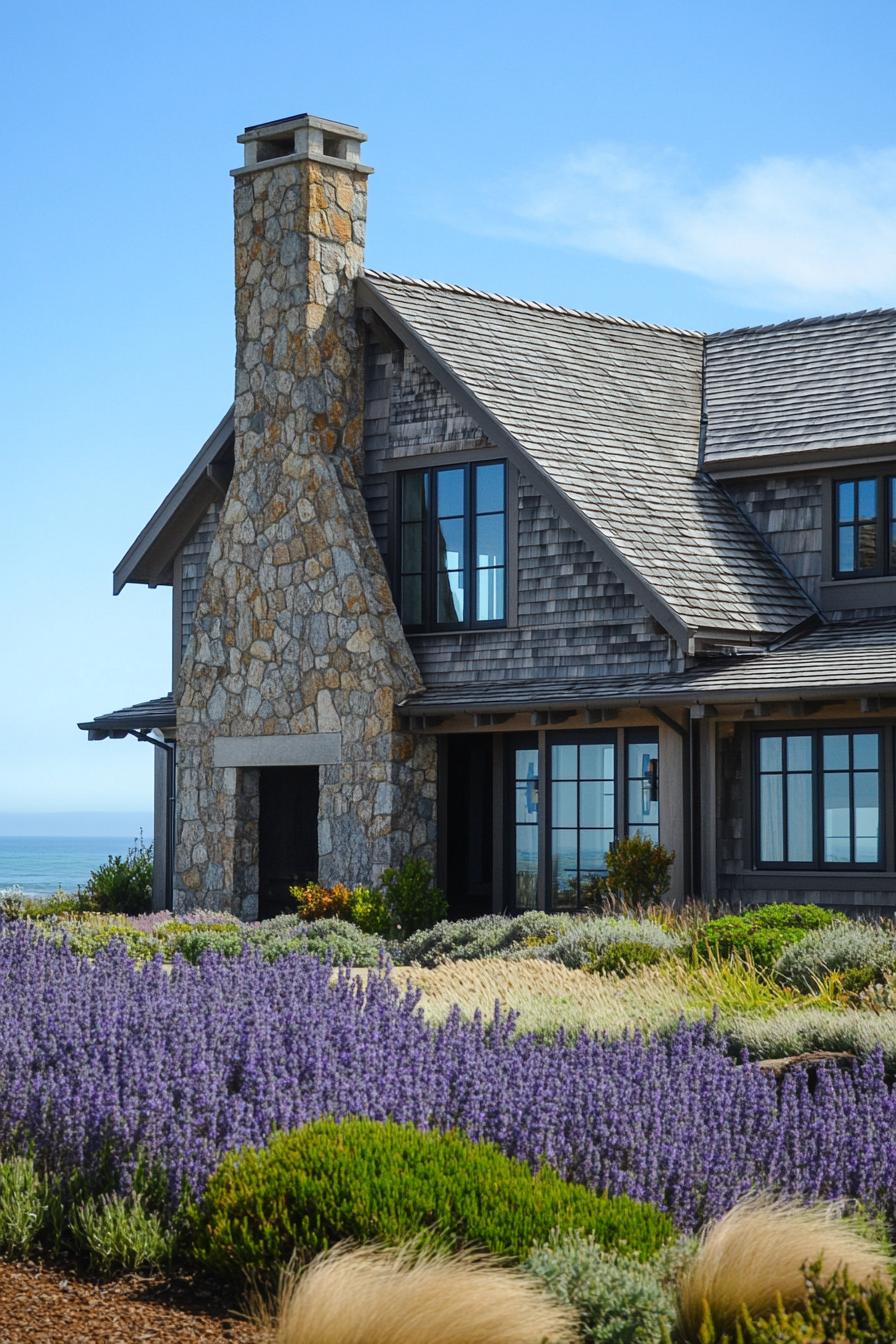 Stone cottage with ocean backdrop surrounded by vibrant flowers