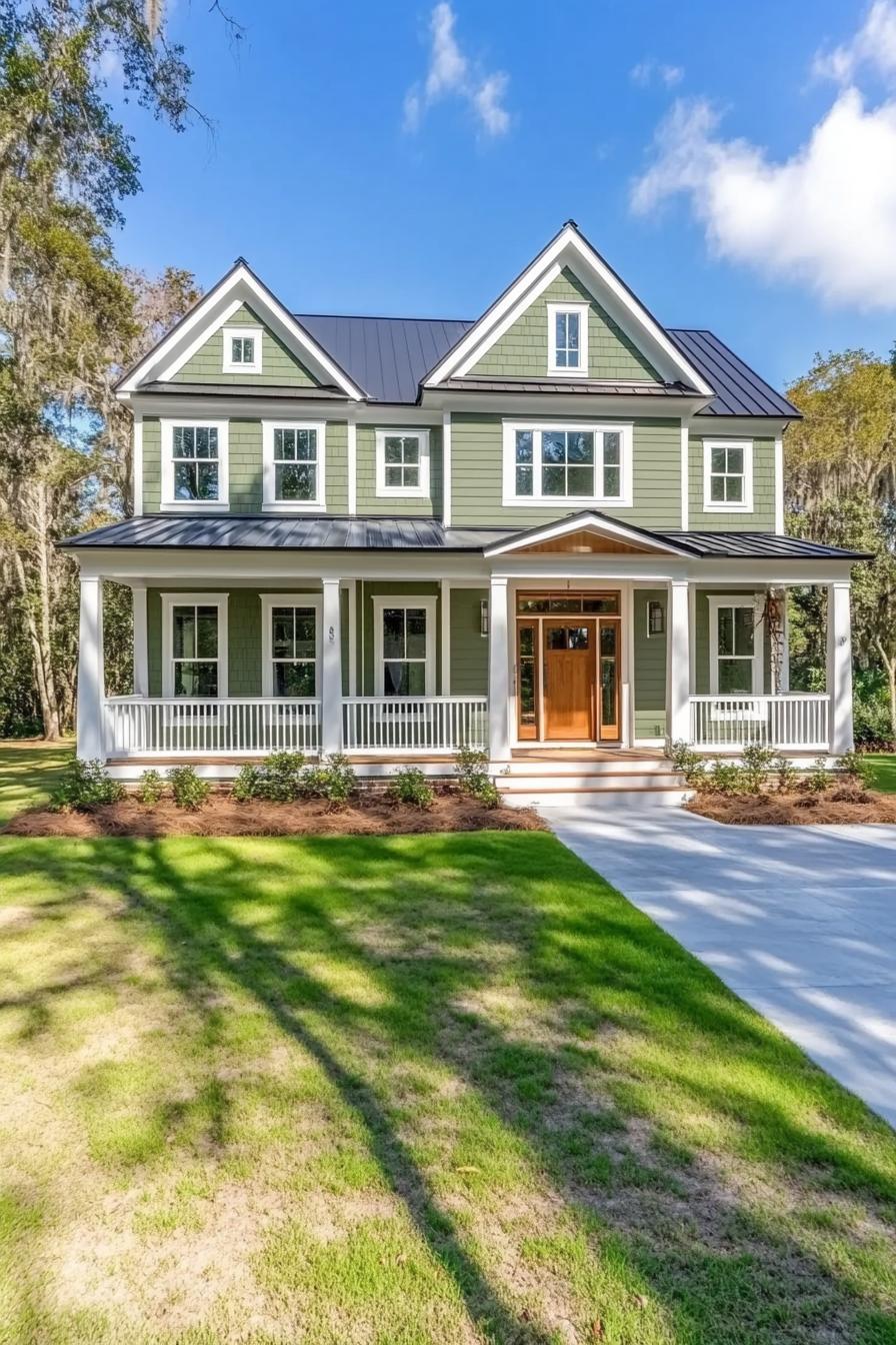 Green house with a welcoming porch surrounded by trees