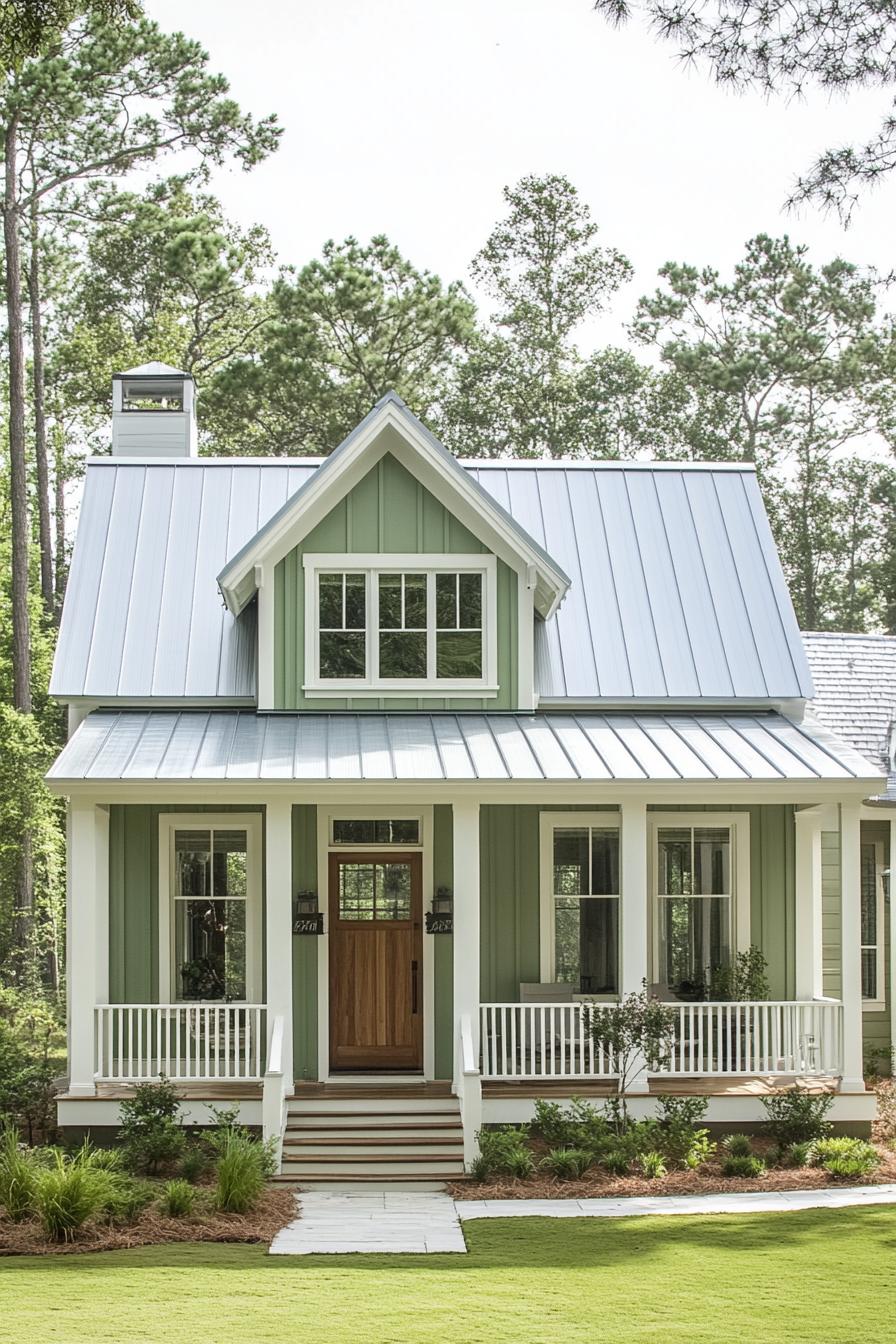 Small green house with white trim and a gabled roof