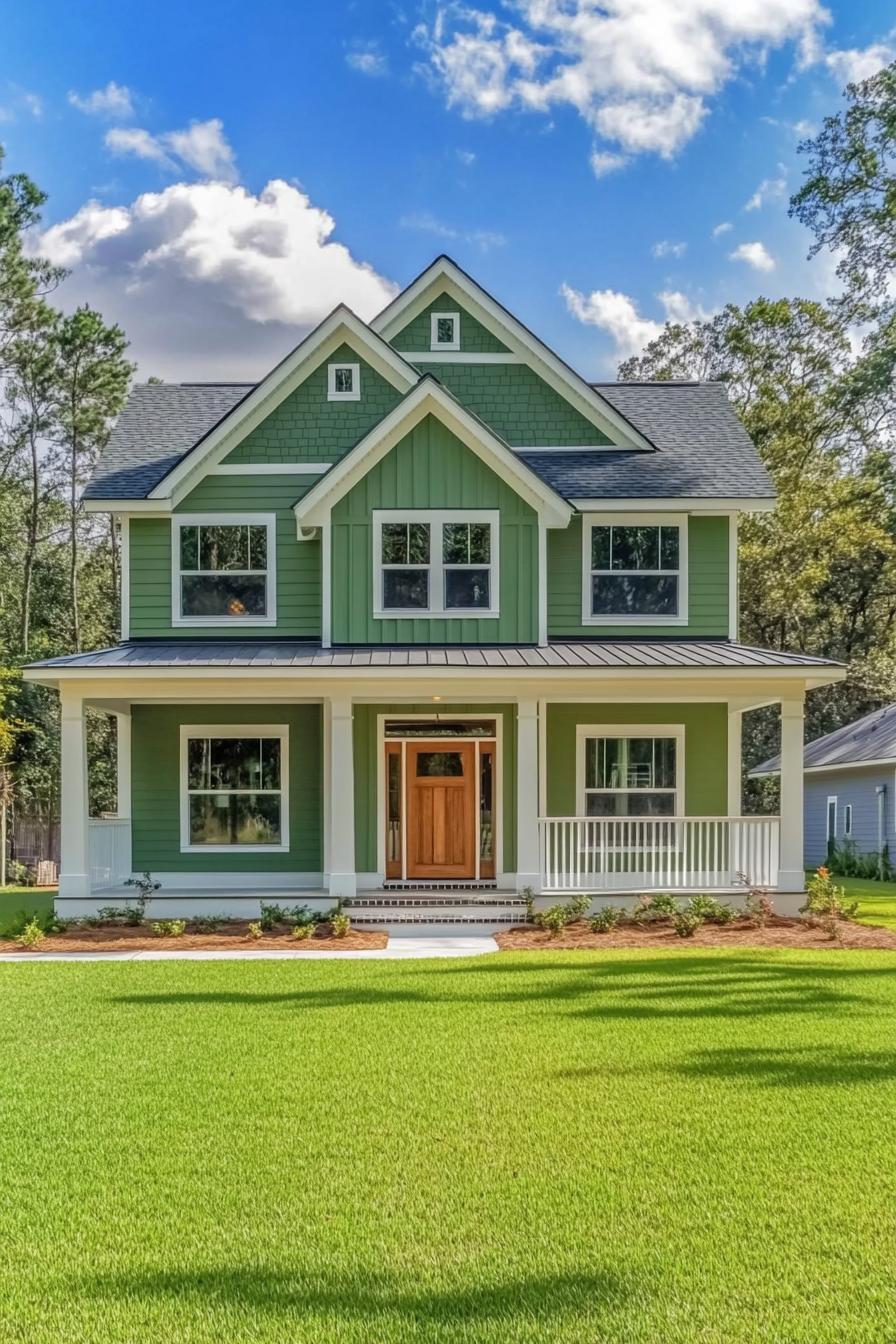 Green house with a large front porch and manicured lawn