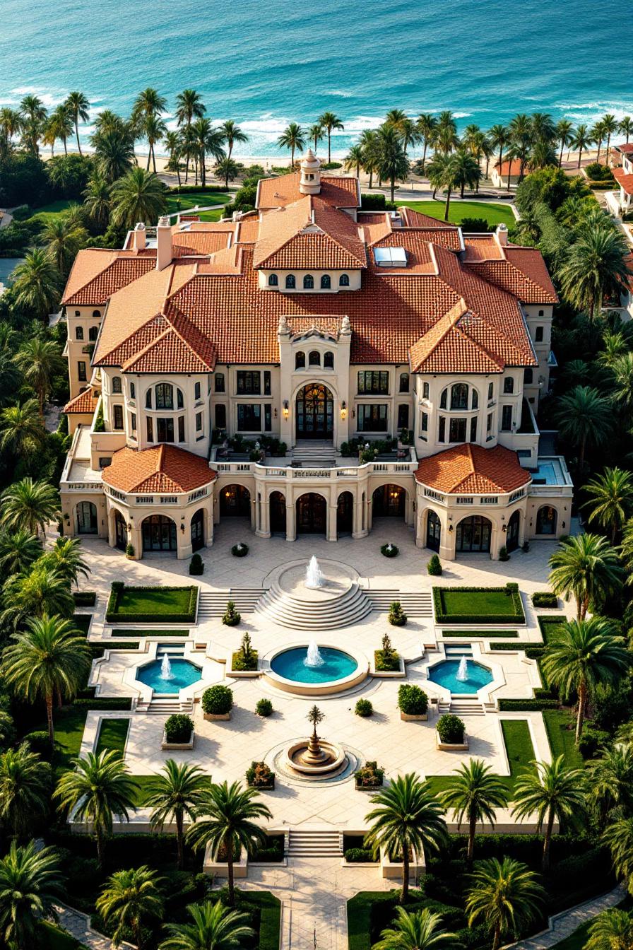 Grand mansion with terracotta roofs by the ocean