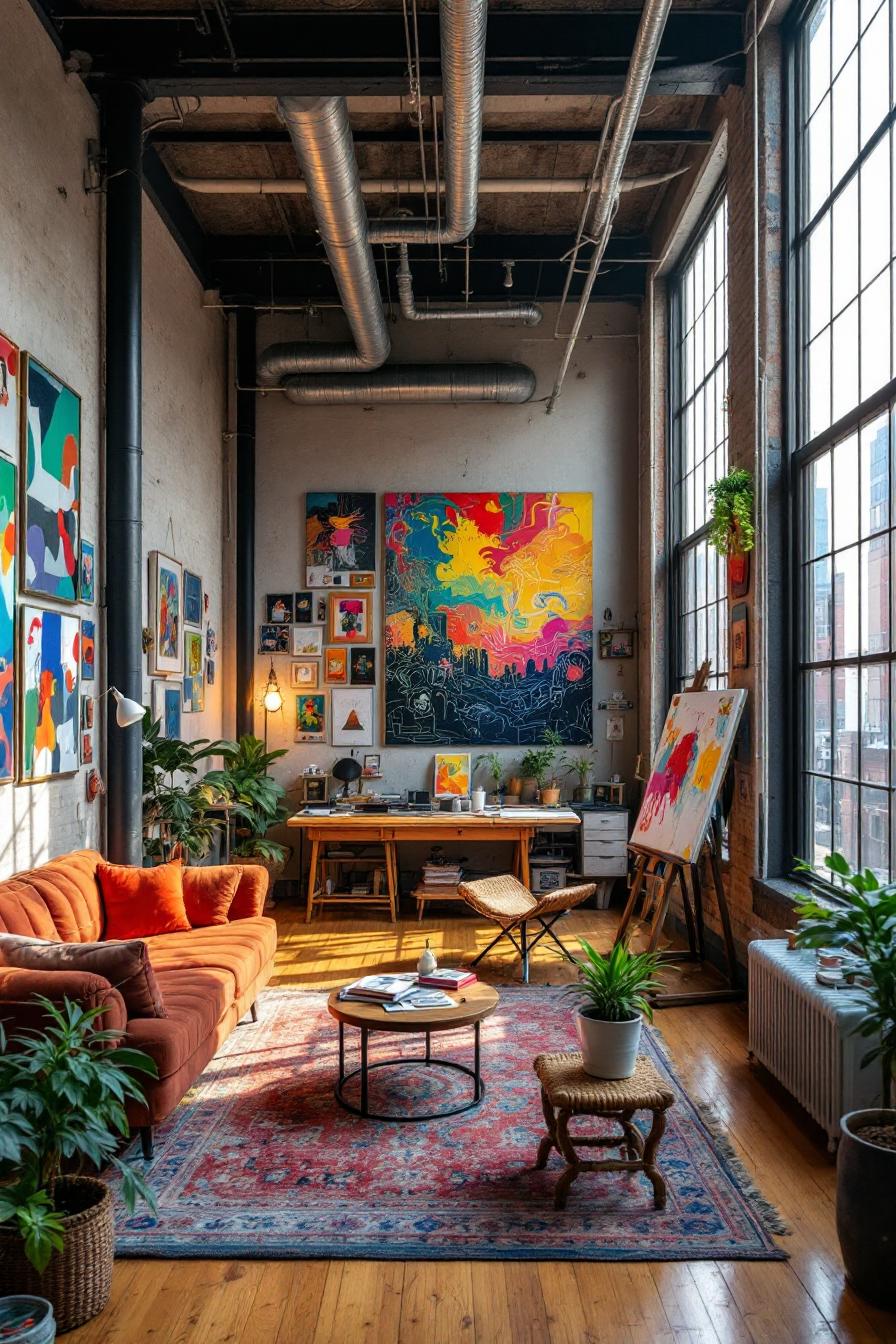 Colorful loft interior with plants and art pieces