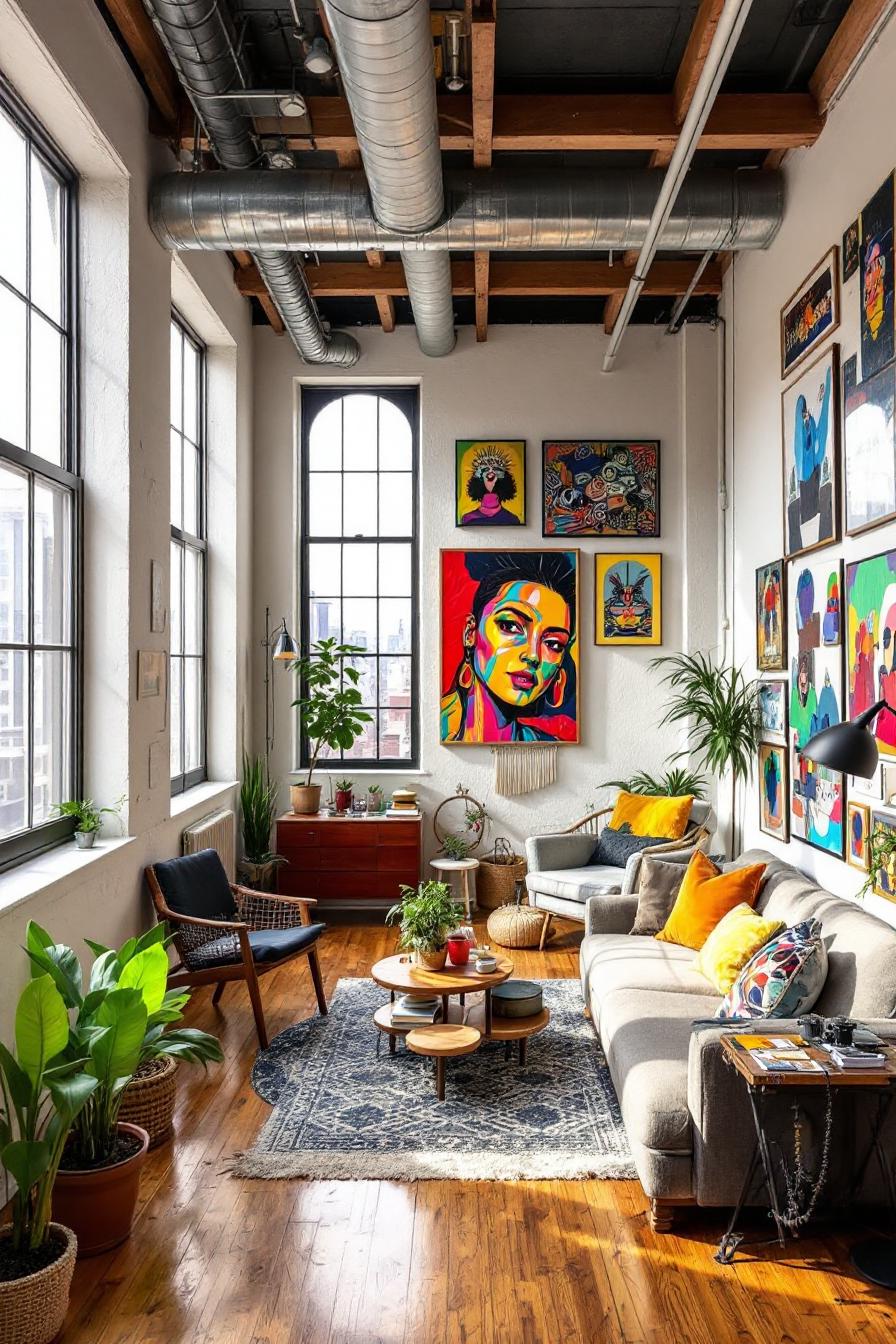 Colorful art-filled loft with plants and cozy seating