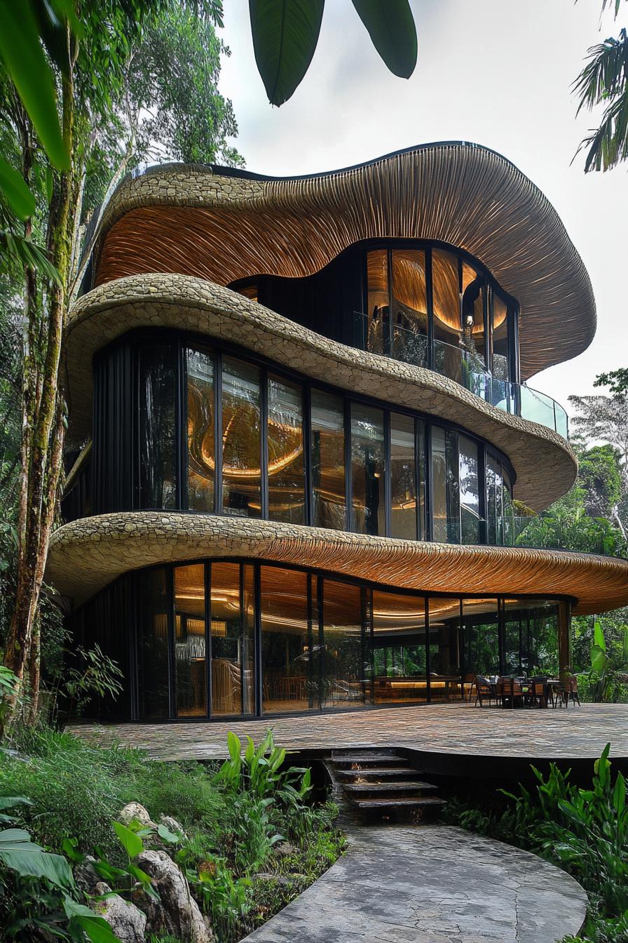 Modern bamboo house with curved architecture amidst lush greenery