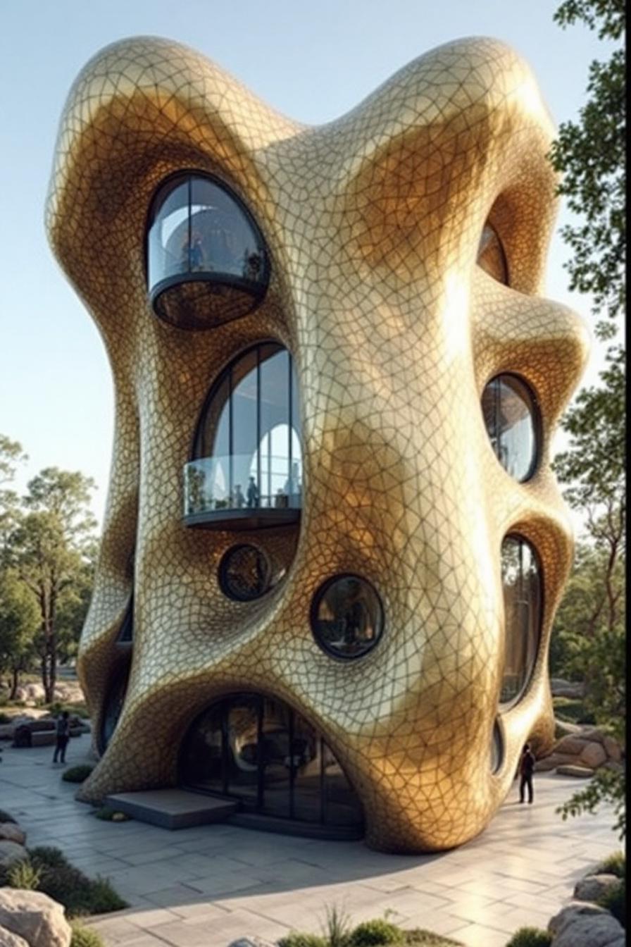 Futuristic building with organic curves and gold exterior