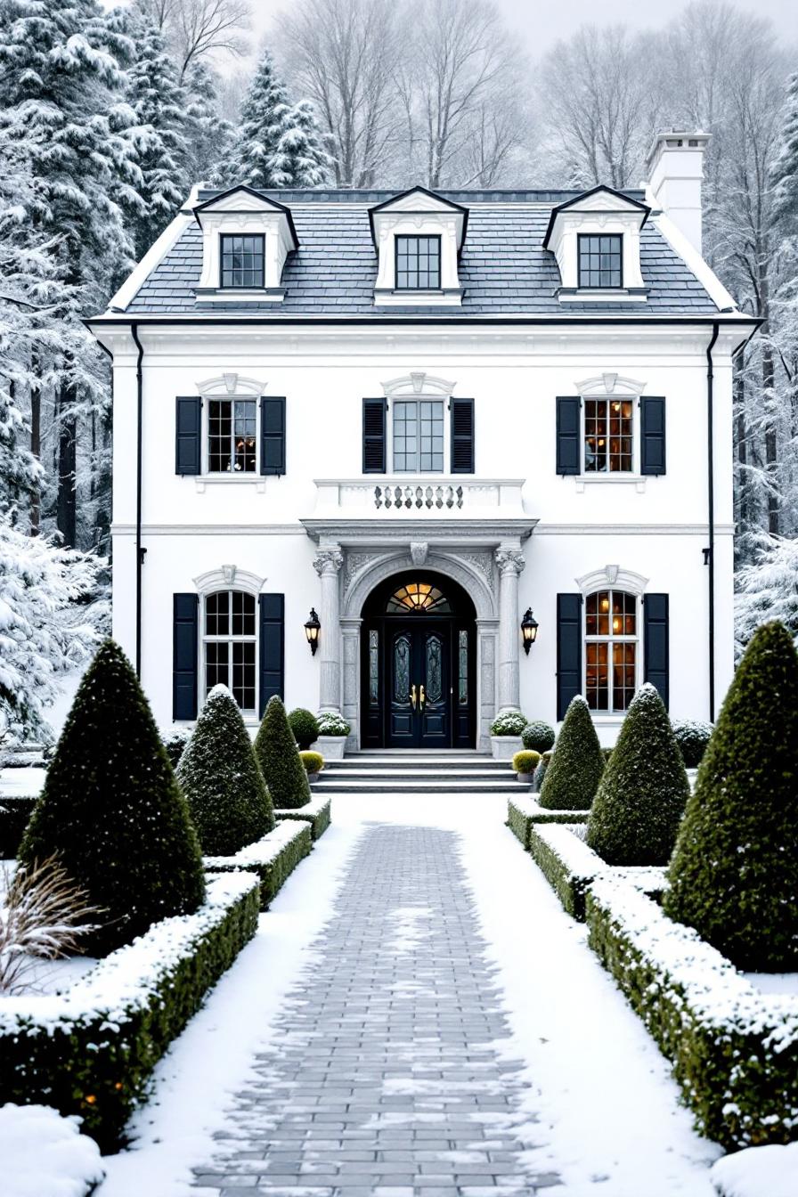 Grand white house with snowy garden