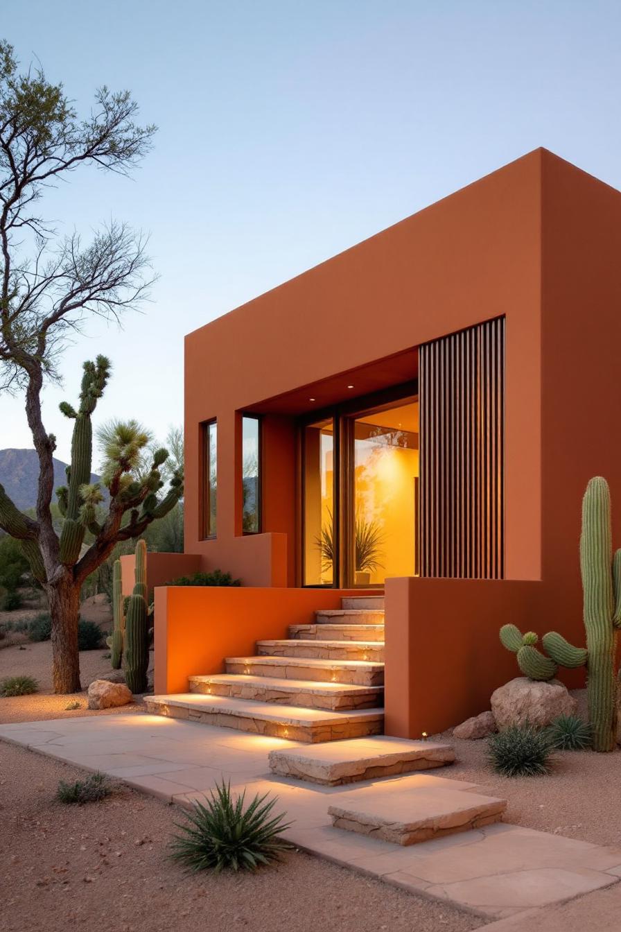 Modern villa with terracotta façade and stone steps