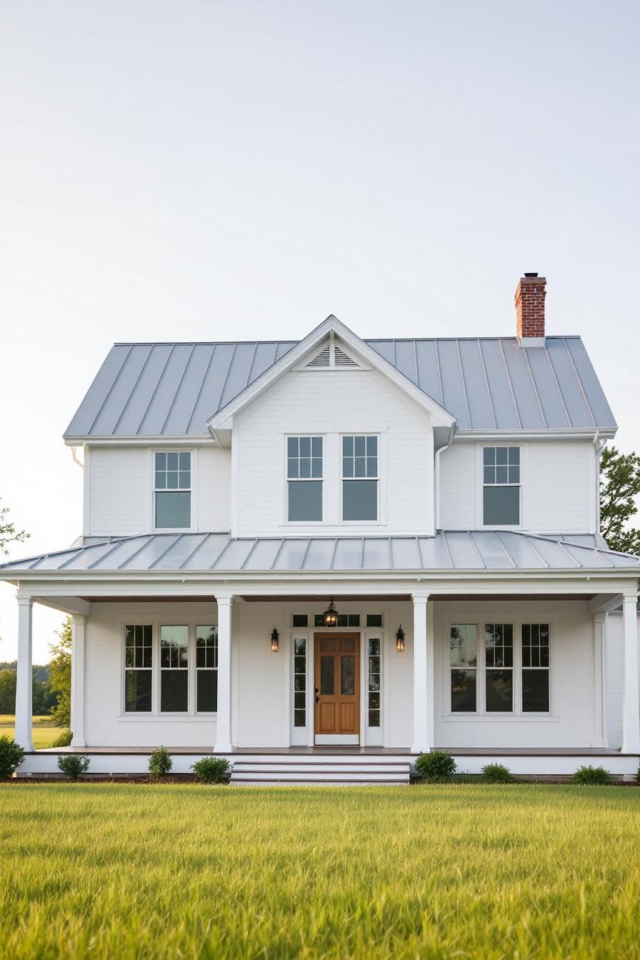 White farmhouse with a metal roof and wooden door