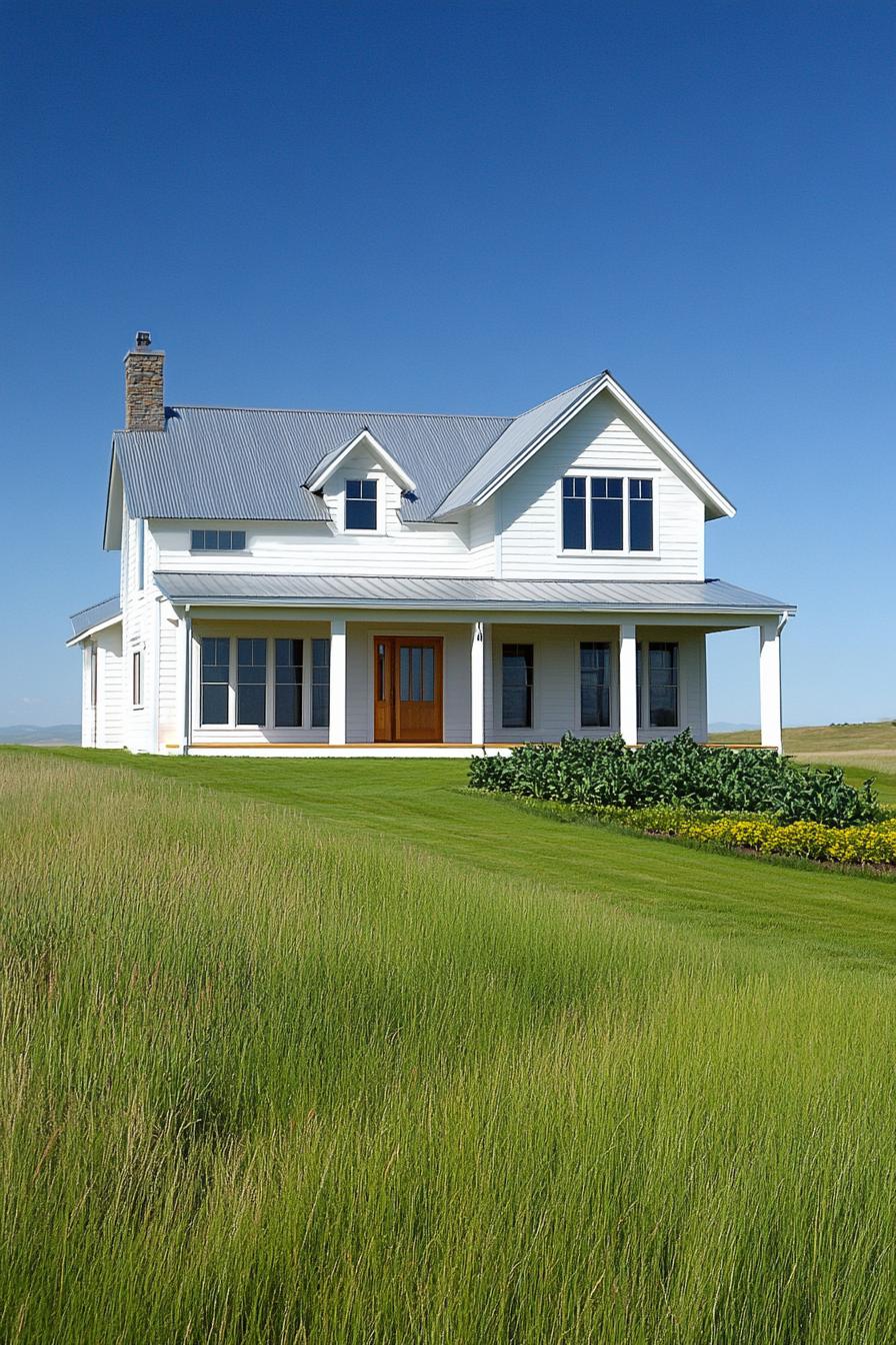 White farmhouse with a metal roof on a grassy hill