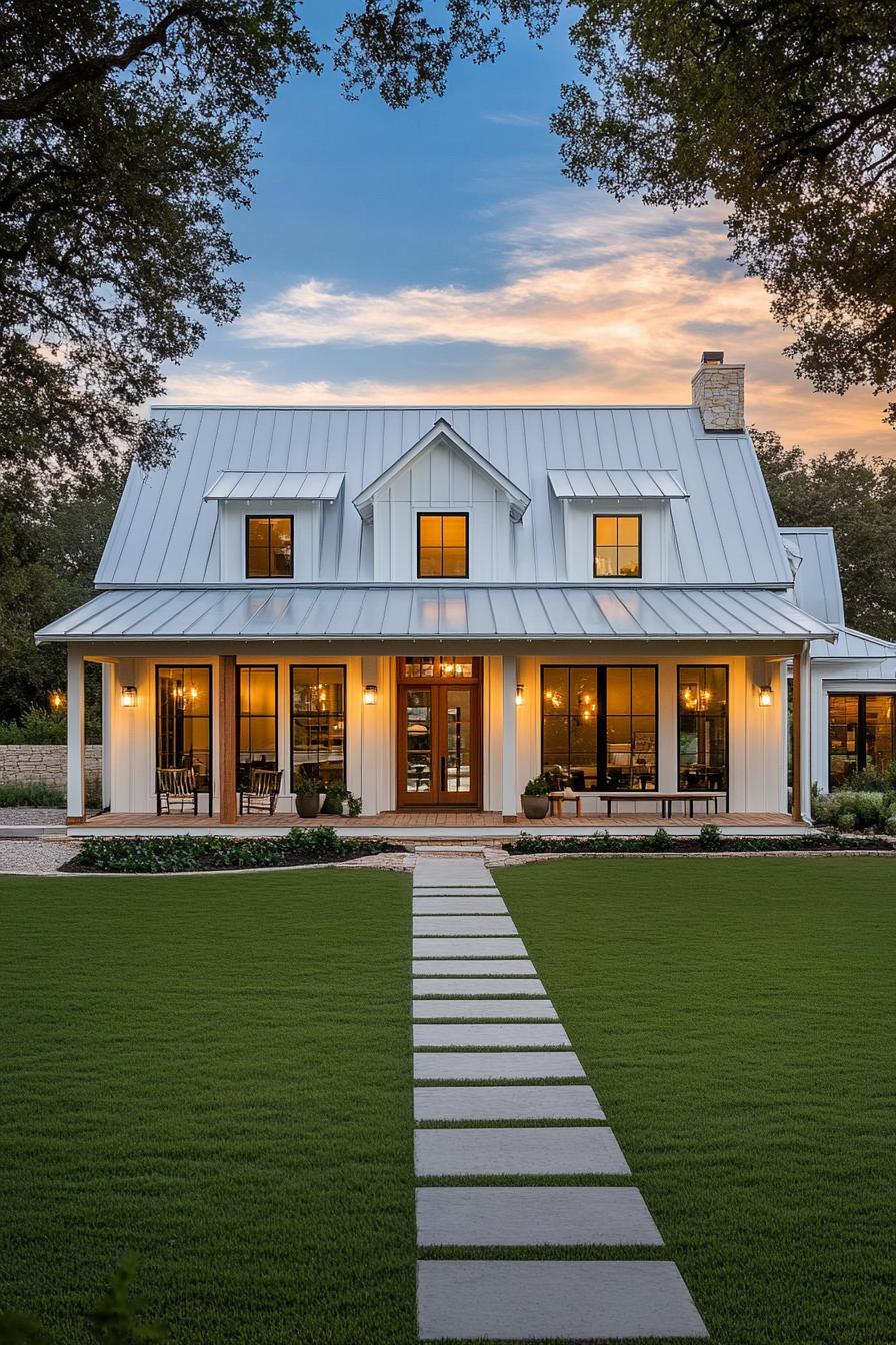 White farmhouse with metal roof and inviting porch