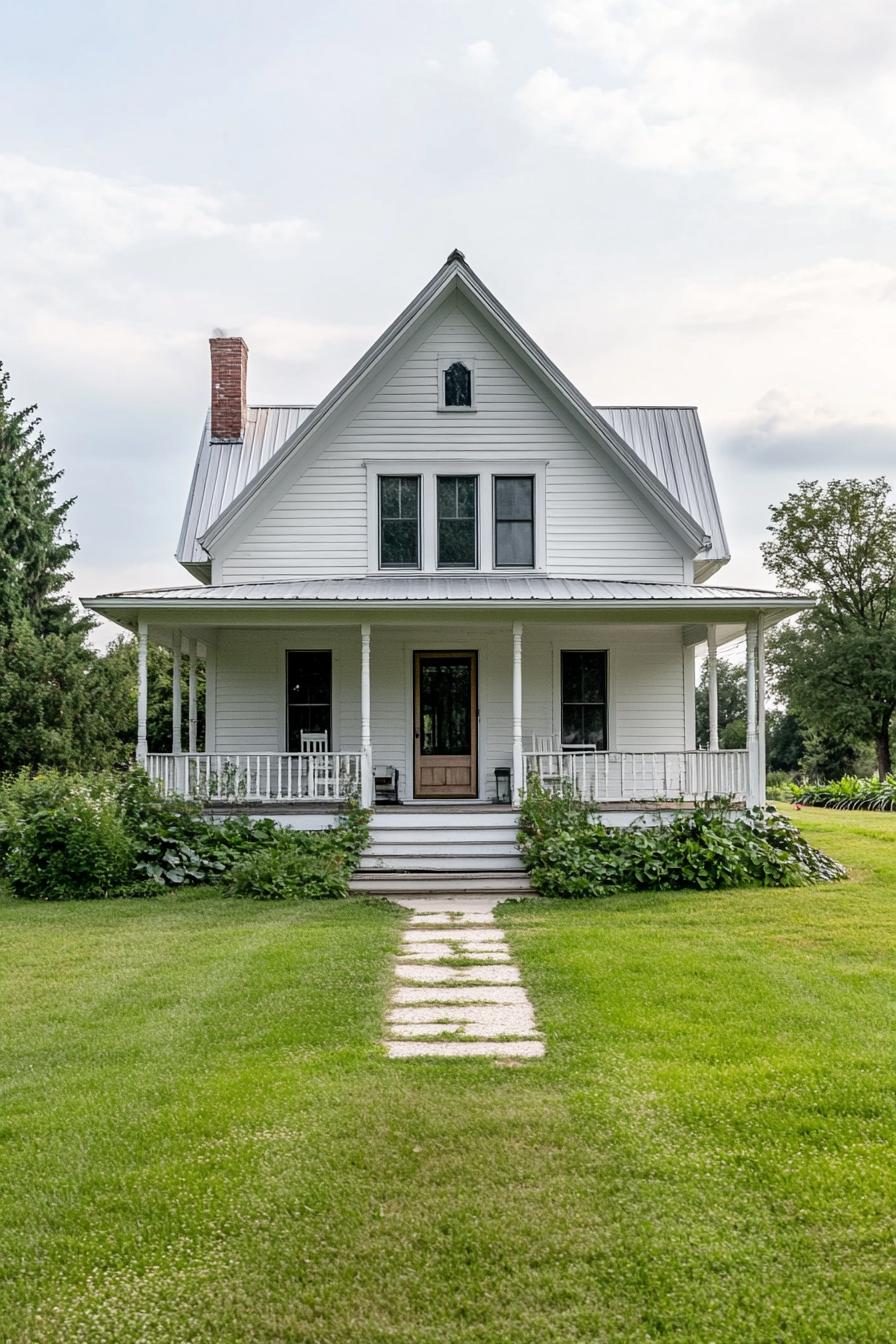 Charming white farmhouse with lush green surroundings