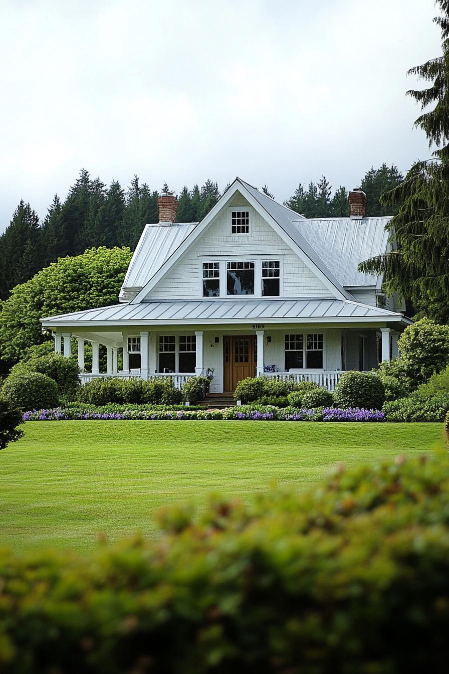 Cozy farmhouse with lush gardens and a metal roof