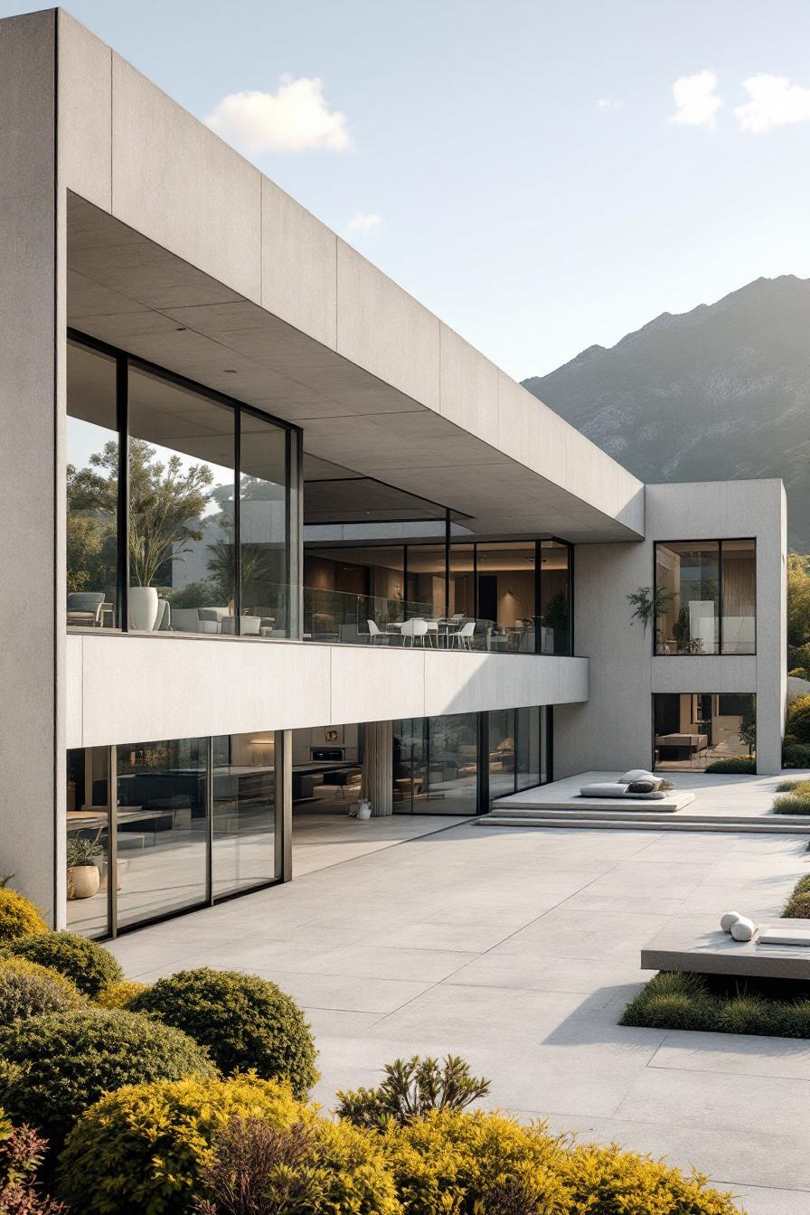 Luxury concrete mansion nestled against a mountain backdrop