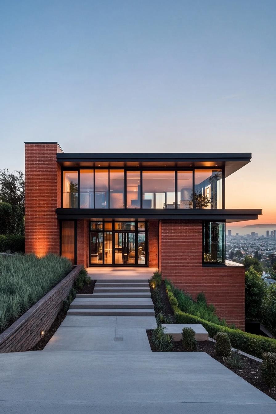 Contemporary two-story brick house with large windows