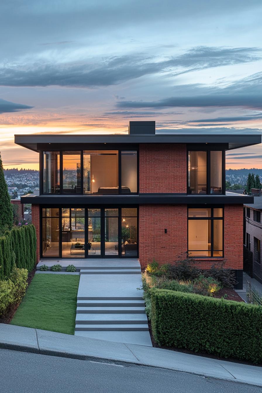 Red brick house with large glass windows at dusk