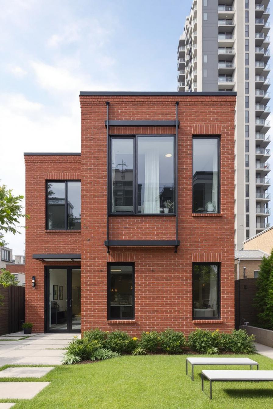 Contemporary brick house with tall windows and garden