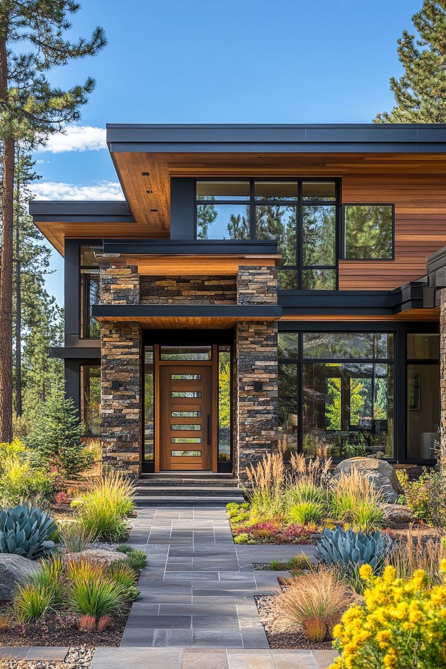 Modern house framed by lush greenery and a bright, clear sky