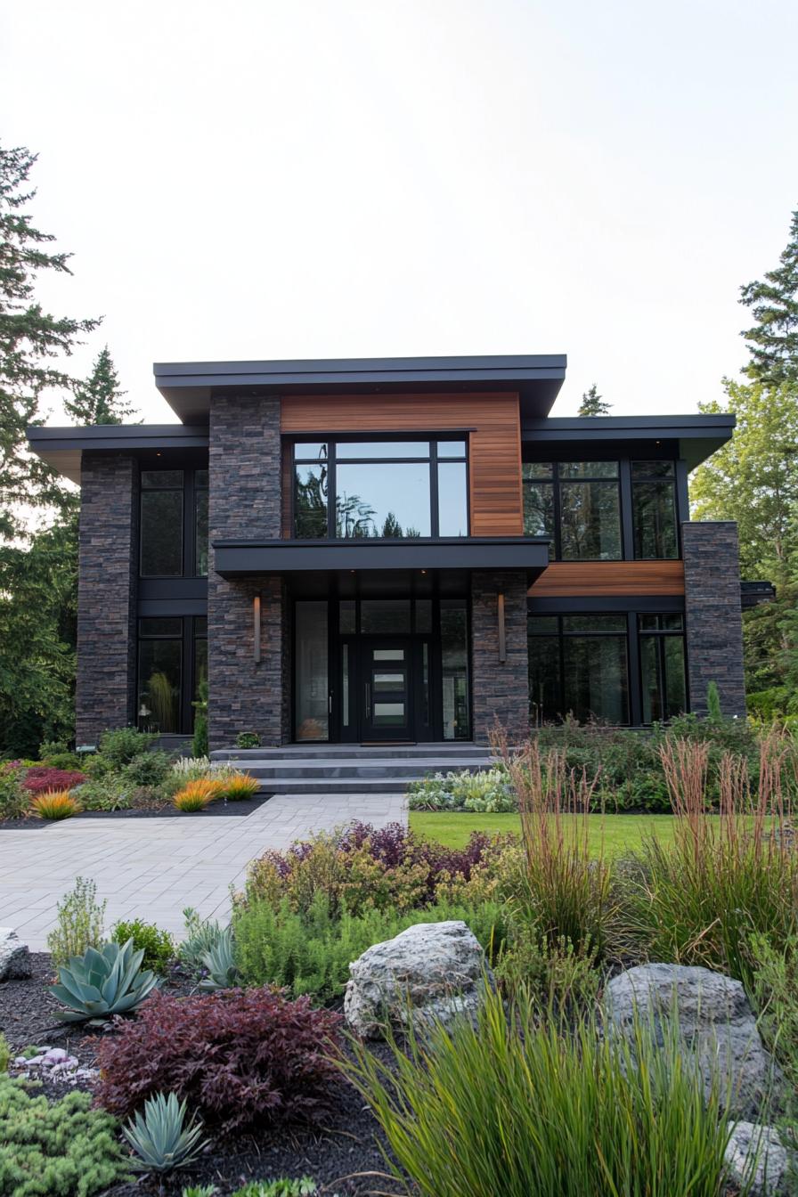 Contemporary house with brick and wood facade surrounded by lush plants