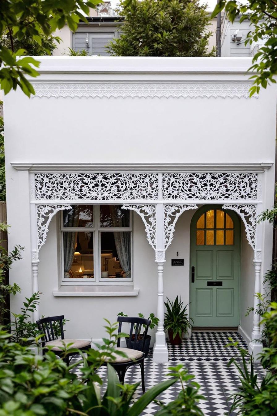 Charming Victorian cottage with intricate lacework and mint door