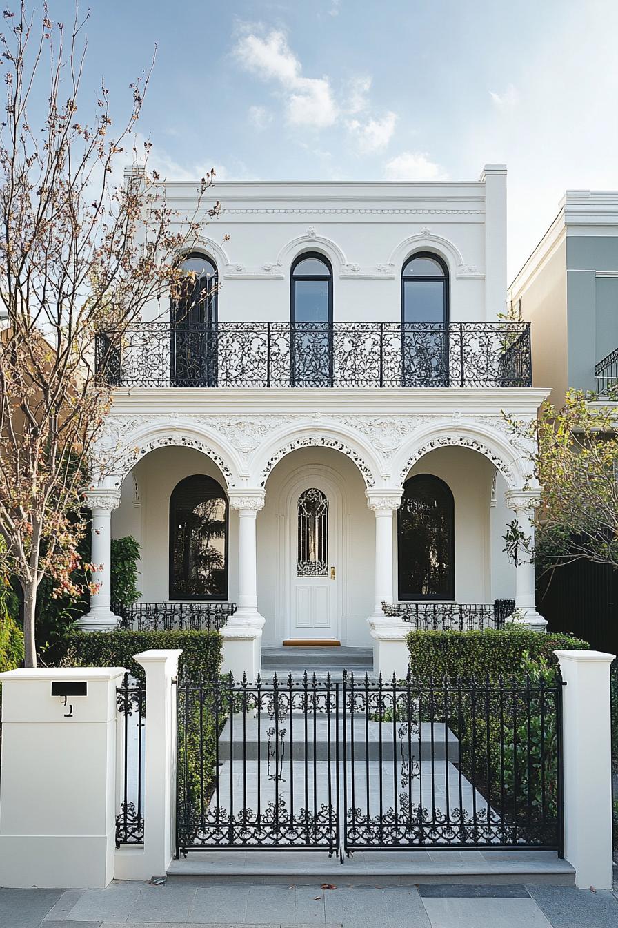 Melbourne style house exterior design ornately detailed two story facade Victorian terrace style painted white stucco intricate wrought iron