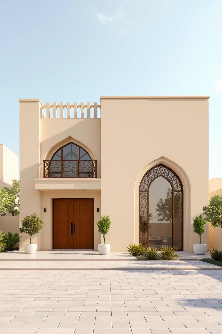 Modern house with wooden doors and intricate arch design