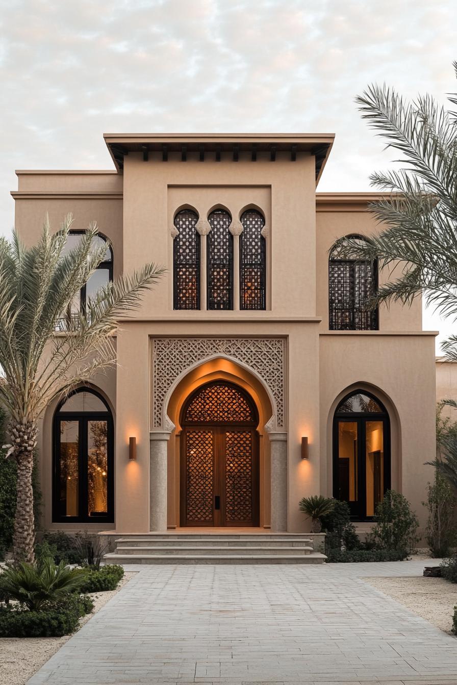 Elegant Arabic-style house with intricate arches and palm trees