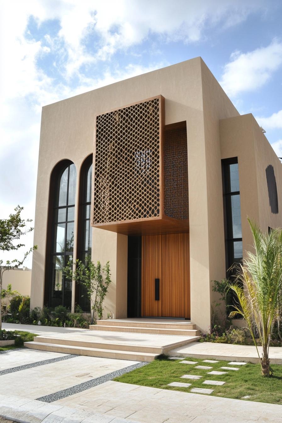 Contemporary Arabic house with arched windows and wooden features