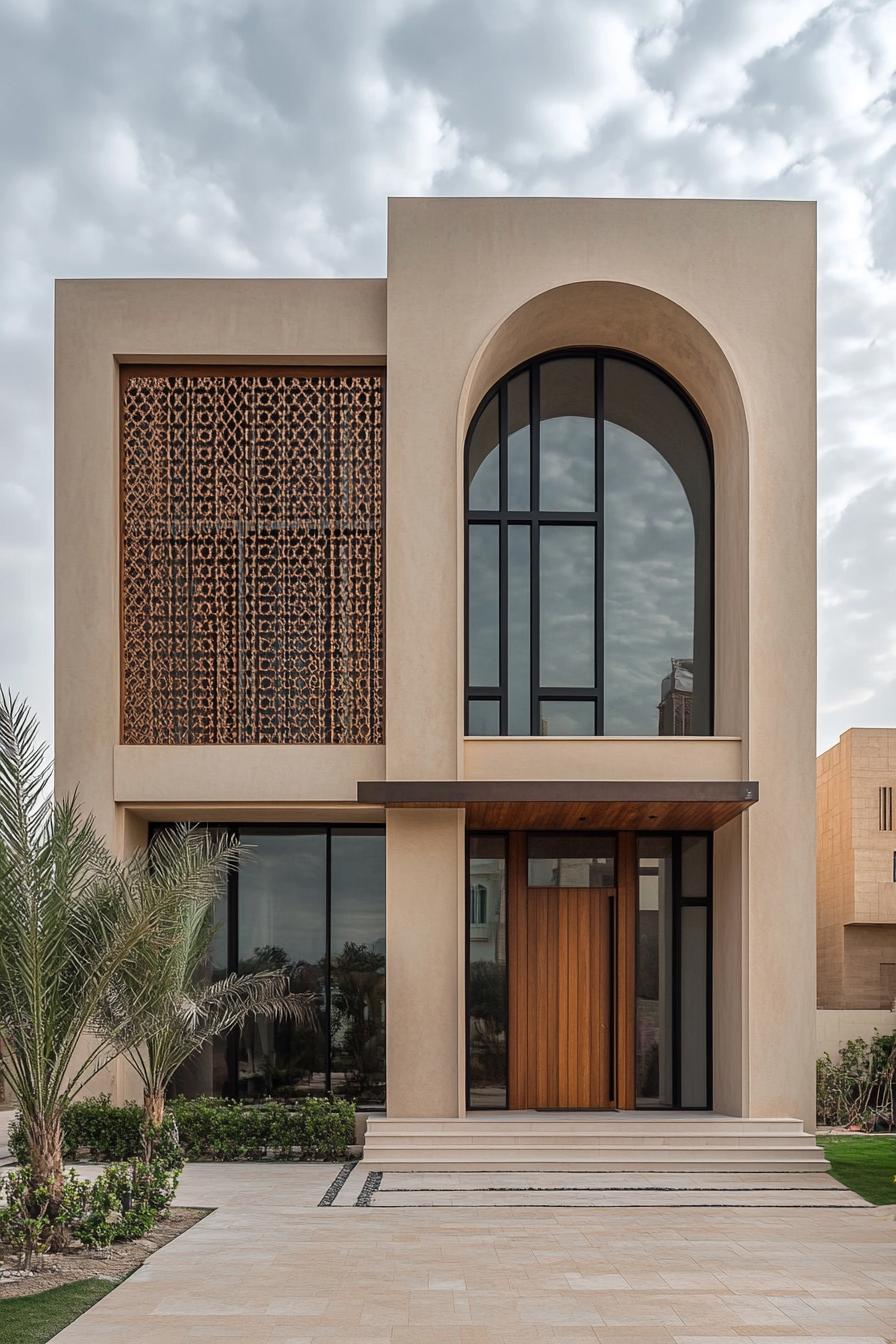 Modern house with arched windows and intricate lattice