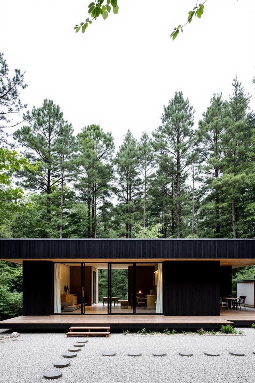 Modern minimalist house surrounded by tall trees