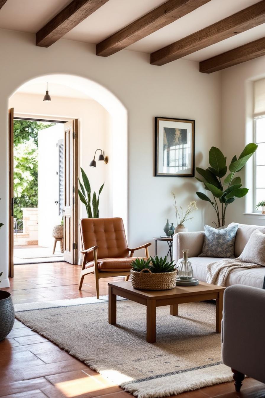 Living room with Spanish interior design, warm tones, and natural light