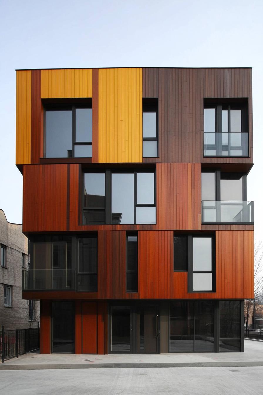 Colorful modern building facade with vertical panels and large windows